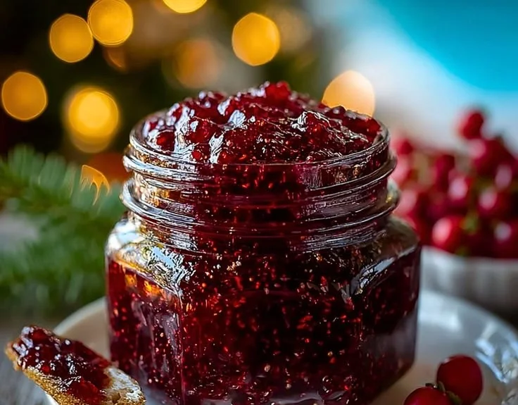 Jar of homemade Christmas Jam for holiday celebrations and gifts