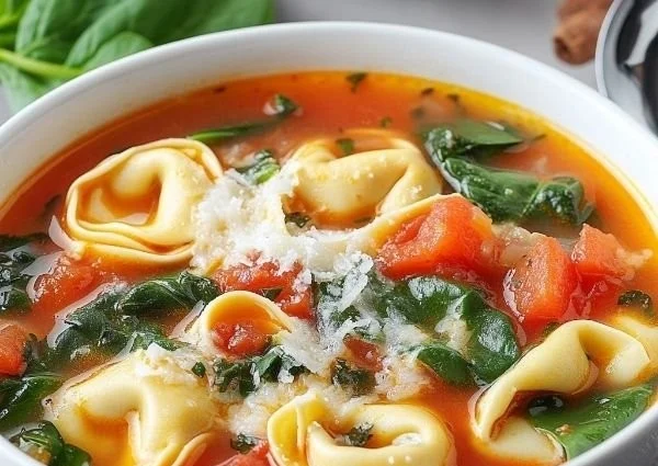 Delicious Christmas Tortellini Soup garnished with fresh herbs and festive ingredients.