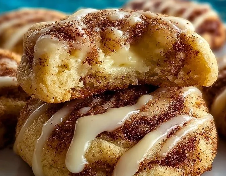 Delicious Cinnamon Roll Cheesecake Cookies topped with icing.