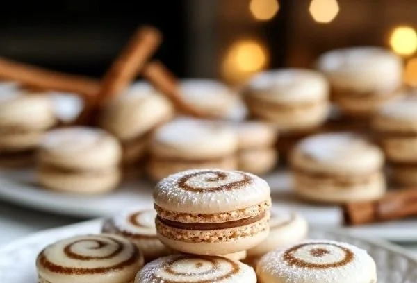 Cinnamon roll macarons with cream frosting and cinnamon swirl design
