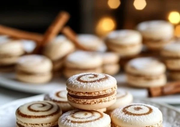 Cinnamon roll macarons with icing drizzle and cinnamon sprinkle on top
