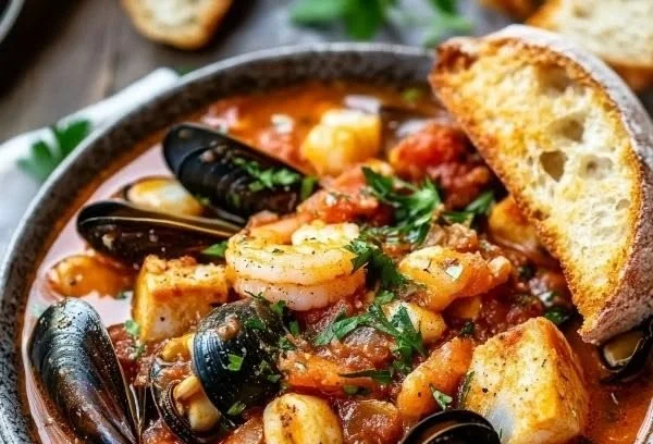 Delicious bowl of cioppino, a savory seafood stew with fresh fish and shellfish.