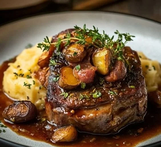 Delicious Classic Beef Osso Buco served with gremolata and vegetables