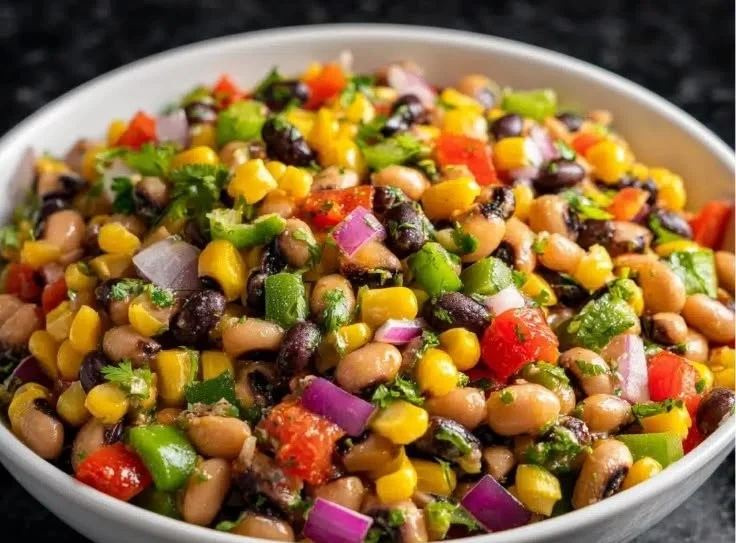 Bowl of classic cowboy caviar party dip garnished with cilantro and lime