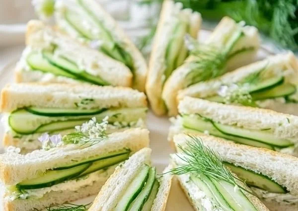 Classic cucumber sandwiches with fresh ingredients on a plate