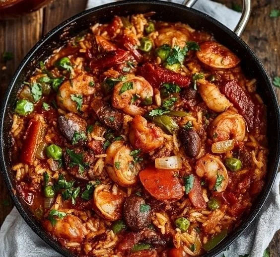 Delicious classic jambalaya served in a bowl with vegetables and proteins.