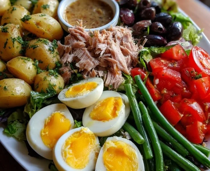 Classic Niçoise Salad with tuna, olives, and fresh vegetables arranged beautifully.