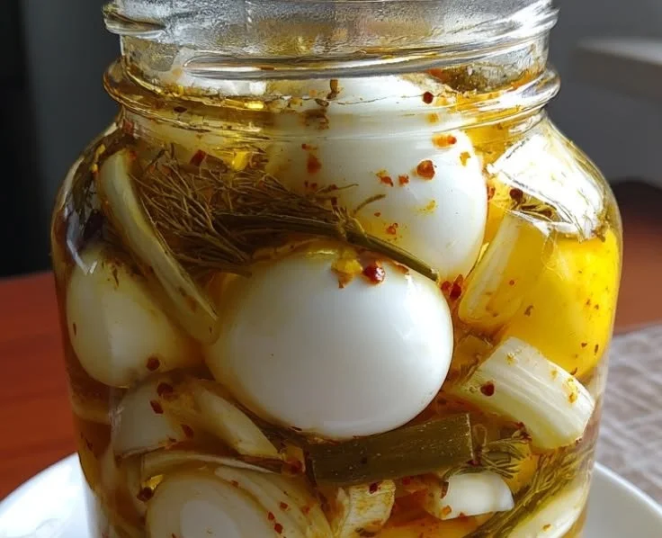 Classic pickled eggs in a jar with spices and herbs