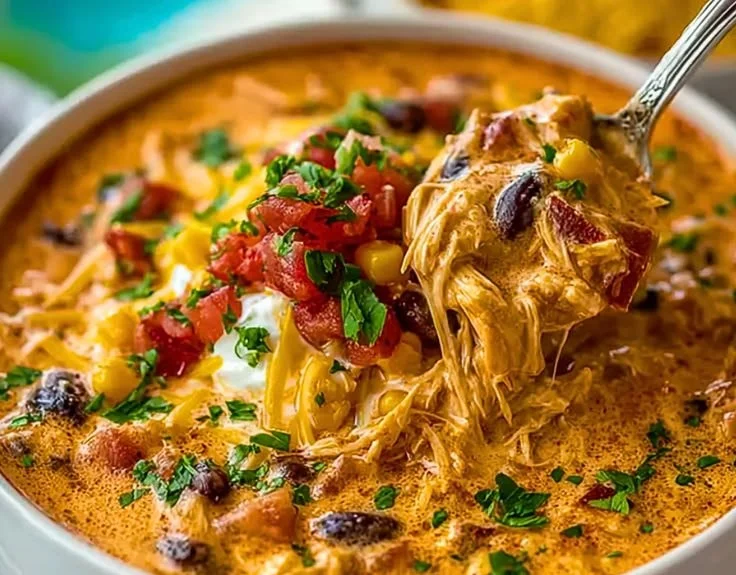Bowl of Classic Slow Cooker Crack Chicken Chili topped with herbs