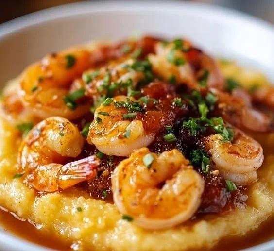 Delicious classic Southern shrimp and grits dish served in a bowl.