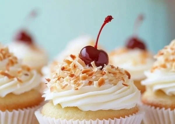 Delicious Coconut Dream Cupcakes topped with coconut flakes and creamy frosting