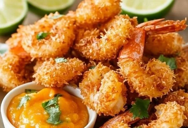 Coconut shrimp served with creamy mayo sauce on a plate