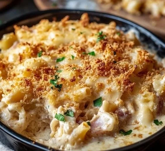 Cordon Bleu Chicken casserole served in a dish with melted cheese on top.