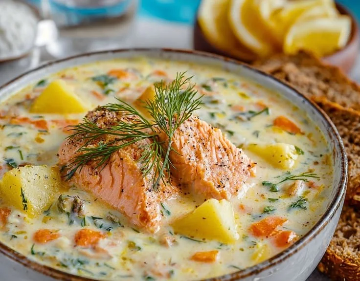 Bowl of cozy salmon chowder garnished with fresh herbs and vegetables