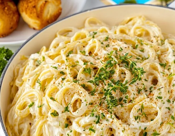 Delicious cream cheese pasta topped with fresh herbs and spices.