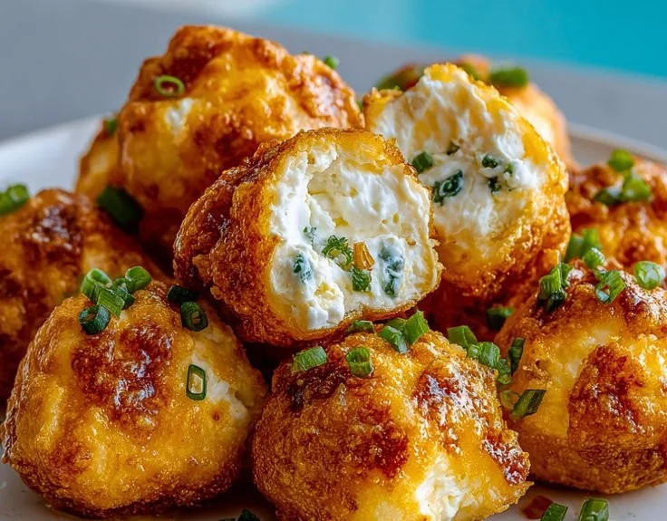 A platter of crispy cream cheese poppers served with dipping sauce.