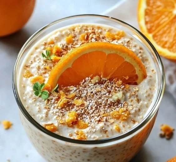 Delicious creamy creamsicle-orange overnight oats in a jar for a healthy breakfast.
