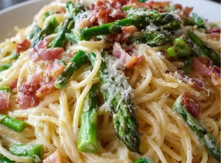 Creamy asparagus carbonara served in a bowl with parmesan cheese.