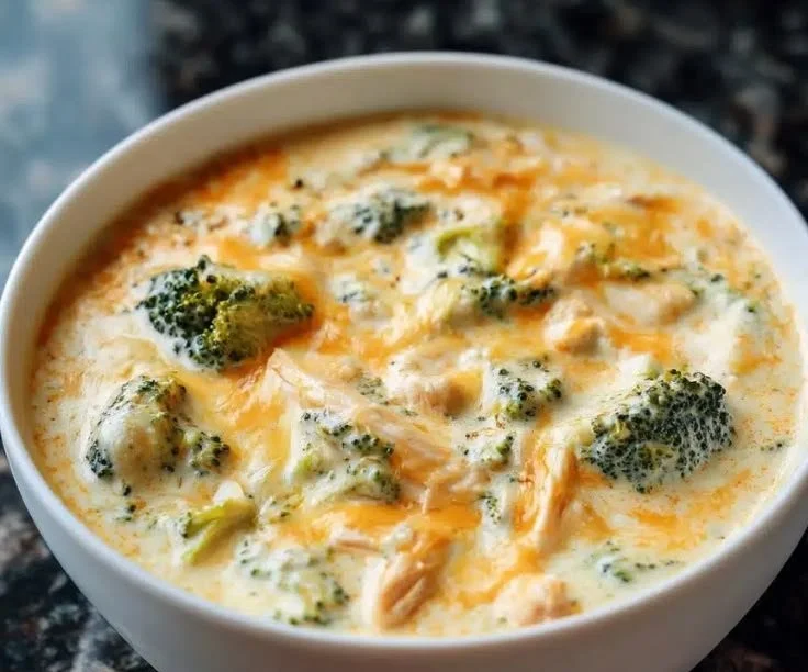 A bowl of creamy broccoli cheddar chicken soup topped with cheese and herbs