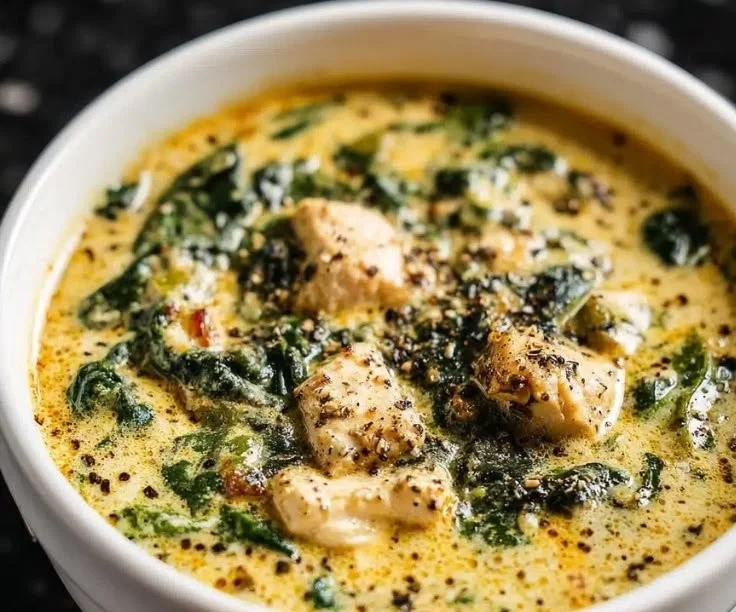 Creamy chicken spinach soup ready in 30 minutes, served in a bowl