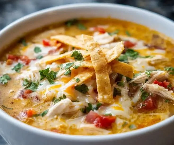 Creamy chicken tortilla soup topped with tortilla strips and avocado