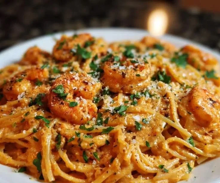 Plate of creamy chipotle shrimp pasta garnished with herbs