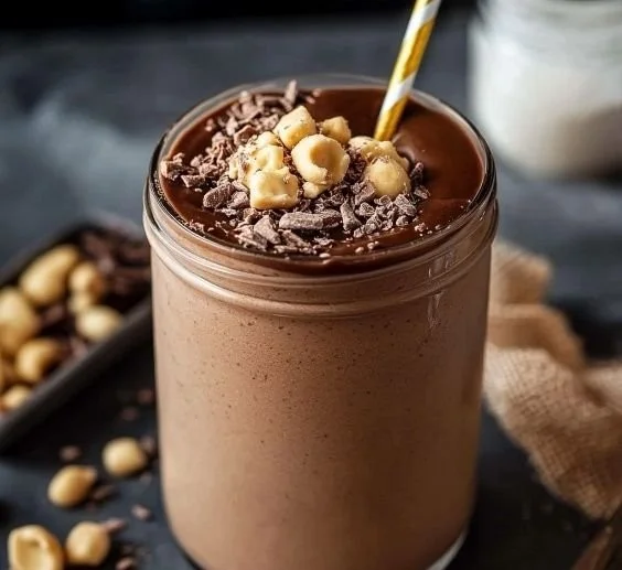 Creamy chocolate peanut butter smoothie in a glass with a straw
