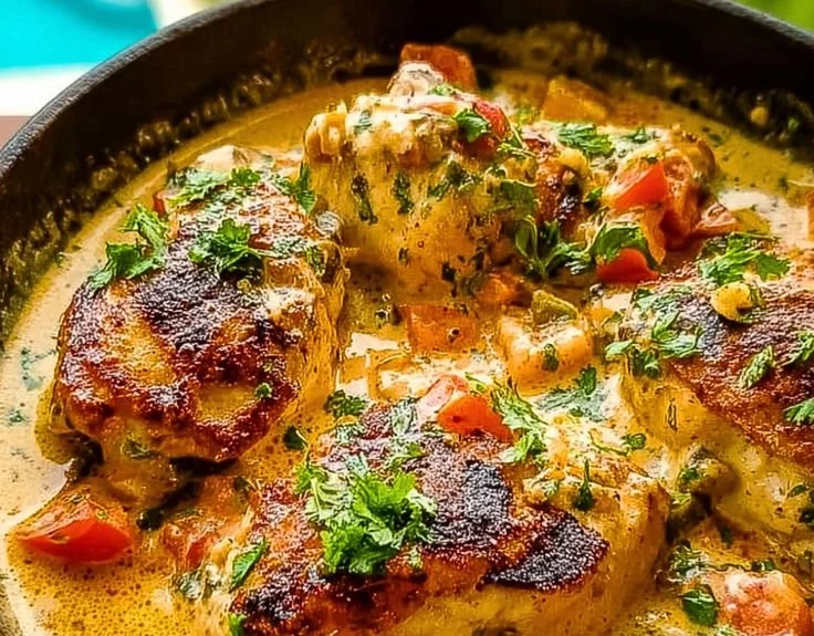 Plate of creamy coconut milk chicken served with rice and vegetables