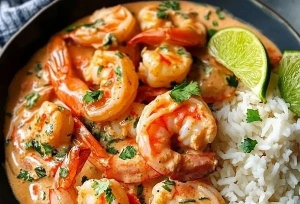 Creamy coconut shrimp garnished with herbs served on a plate