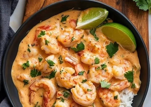 Plate of creamy coconut shrimp garnished with herbs and served with dipping sauce