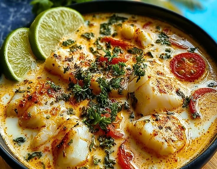 A bowl of creamy coconut fish stew with white fish and herbs
