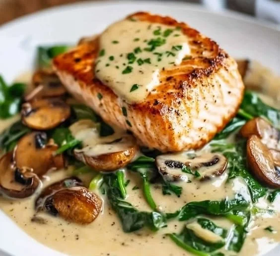 Delicious garlic butter salmon served on a plate with herbs