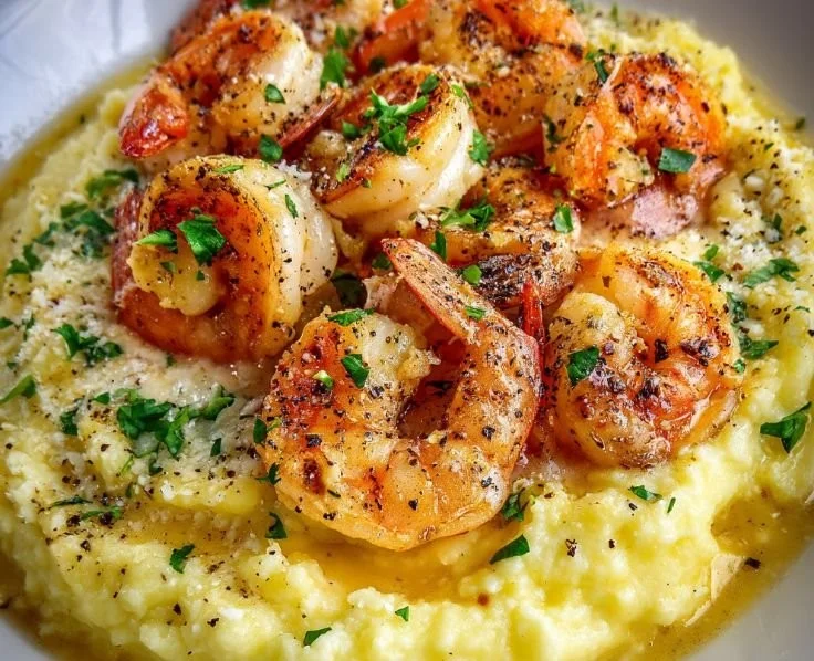 Creamy garlic shrimp with mashed potatoes garnished with herbs