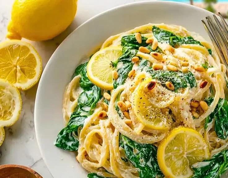 Creamy lemon pasta dish with spinach and ricotta in a white bowl