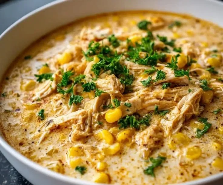 Delicious creamy ranch corn chicken soup served in a bowl