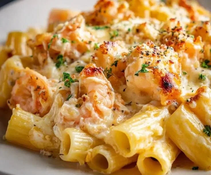Creamy shrimp alfredo rigatoni bake dish ready in 45 minutes