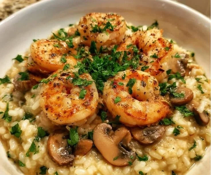 Creamy shrimp and mushroom risotto served in a bowl with parsley garnish.