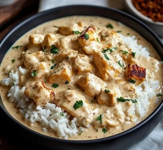 Creamy smothered chicken dish served with rice on a plate