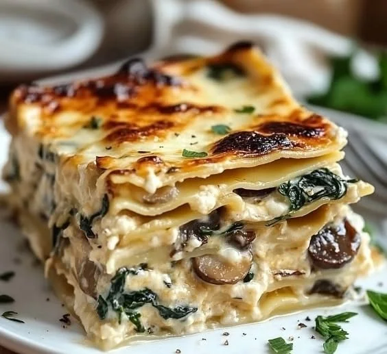 Creamy spinach and mushroom lasagna served on a plate with fresh herbs
