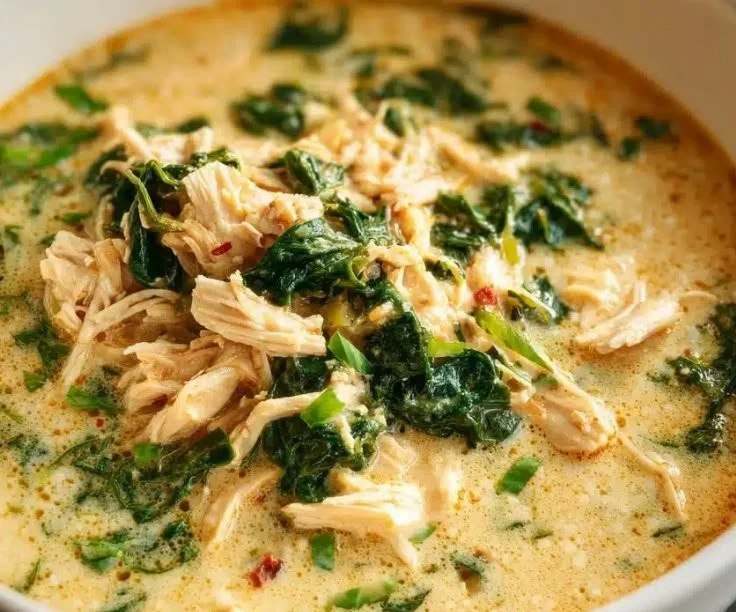 Creamy spinach parmesan chicken soup in a bowl with fresh ingredients