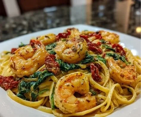 Creamy Tuscan shrimp pasta dish served in a bowl with herbs and wine.