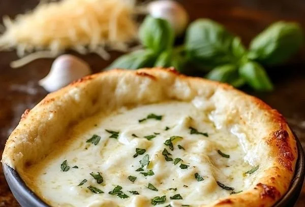 Creamy white garlic pizza sauce in a bowl, ideal for pizza toppings.