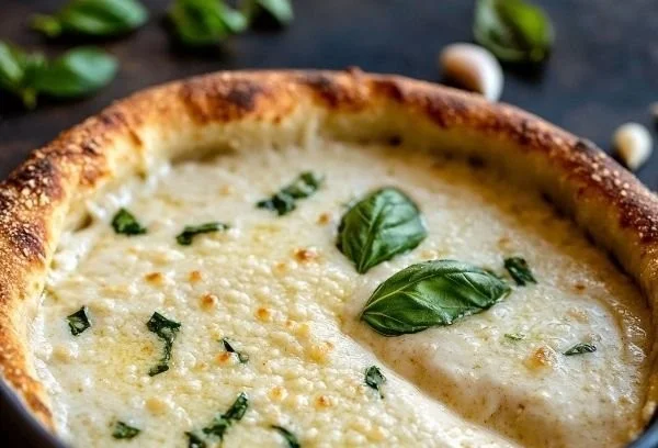 Creamy white garlic pizza sauce in a bowl with a spoon
