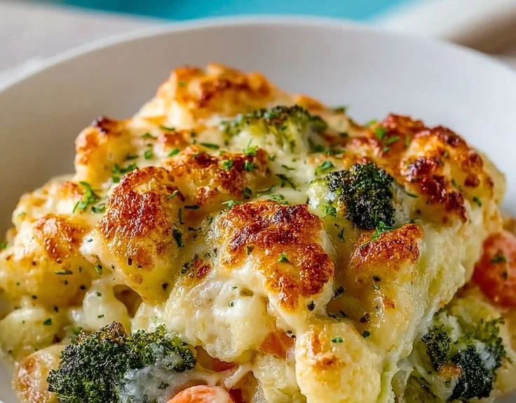 Creamy winter vegetable casserole topped with cheese and fresh herbs