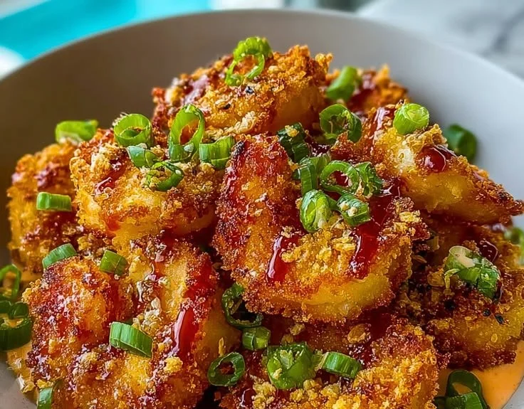 Crispy air fryer bang bang shrimp served with a spicy sauce