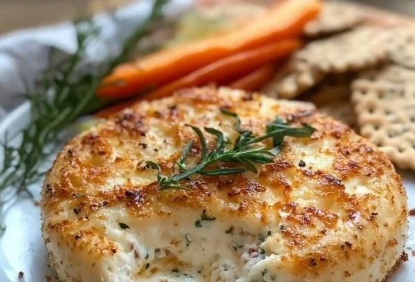 Golden crispy baked Boursin cheese topped with herbs and served warm.