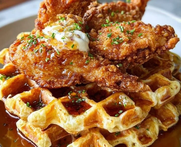 Delicious crispy chicken waffles served with syrup and berries