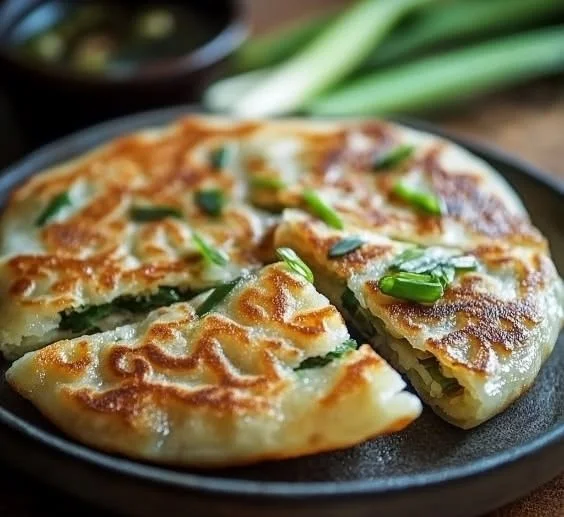 Crispy Chinese scallion pancakes served on a plate with dipping sauce