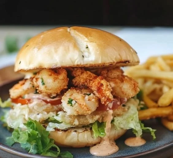 Delicious crispy fried shrimp burger served with fresh toppings