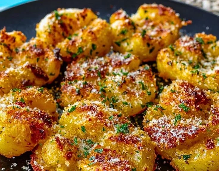 Plate of crispy garlic butter parmesan smashed potatoes garnished with herbs